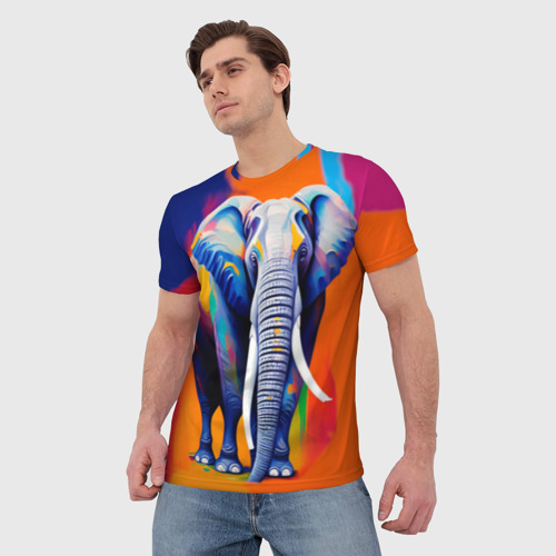 Мужская футболка 3D с принтом Слон красочный, фото на моделе #1
