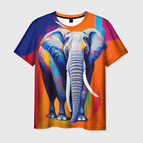 Мужская футболка 3D с принтом Слон красочный, вид спереди #2