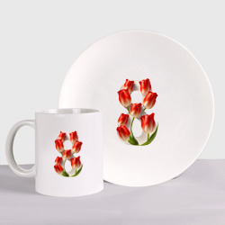 8 марта с красными тюльпанами – Набор: тарелка + кружка с принтом купить