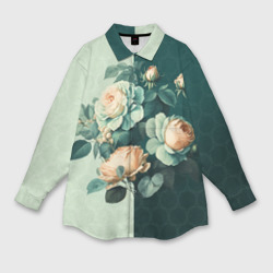 Мужская рубашка oversize 3D Розы на зеленом фоне