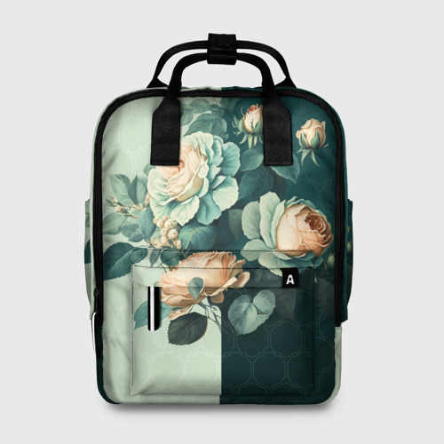 Женский рюкзак с принтом Розы на зеленом фоне, вид спереди №1