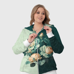 Костюм с принтом Розы на зеленом фоне для женщины, вид на модели спереди №4. Цвет основы: белый