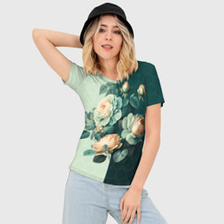 Женская футболка 3D Slim Розы на зеленом фоне - фото 2