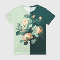 Женская футболка 3D Розы на зеленом фоне