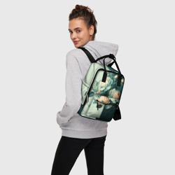 Рюкзак с принтом Розы на зеленом фоне для женщины, вид на модели спереди №3. Цвет основы: белый