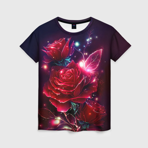 Женская футболка с принтом Розы с огоньками, вид спереди №1