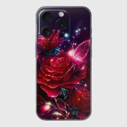 Чехол для iPhone 15 Pro силиконовый с защитой камеры Розы с огоньками