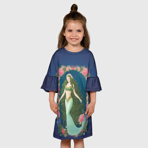 Детское платье 3D с принтом Русалка с длинными зелеными волосами и цветами, вид сбоку #3
