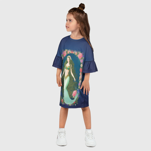 Детское платье 3D с принтом Русалка с длинными зелеными волосами и цветами, фото на моделе #1