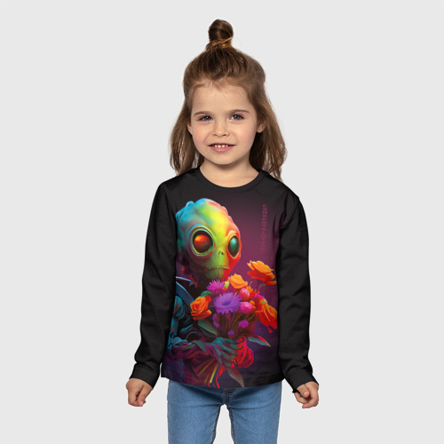 Детский лонгслив 3D с принтом Инопланетянин с цветами, вид сбоку #3