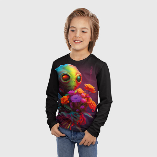 Детский лонгслив 3D с принтом Инопланетянин с цветами, фото на моделе #1