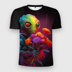 Мужская футболка 3D Slim Инопланетянин с цветами