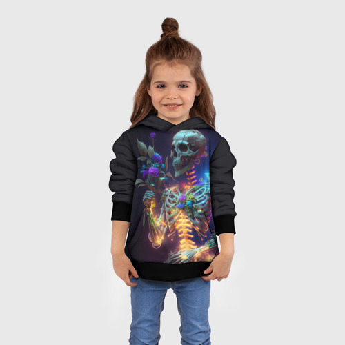 Детская толстовка 3D Светящийся скелет с цветами, цвет черный - фото 4