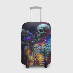 Чехол для чемодана 3D Светящийся скелет с цветами