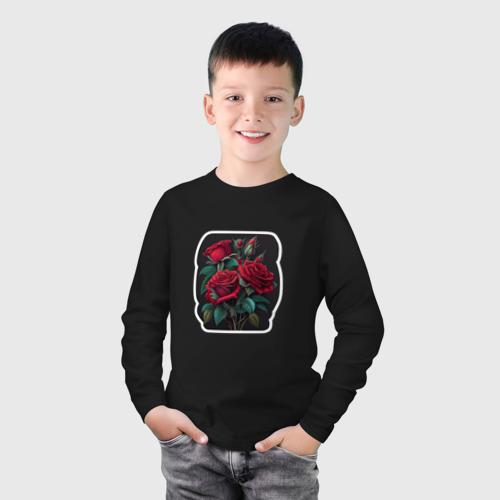 Детский лонгслив хлопок с принтом Букет и красные розы, фото на моделе #1