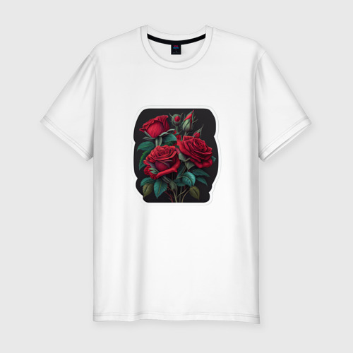 Мужская футболка хлопок Slim с принтом Букет и красные розы, вид спереди #2