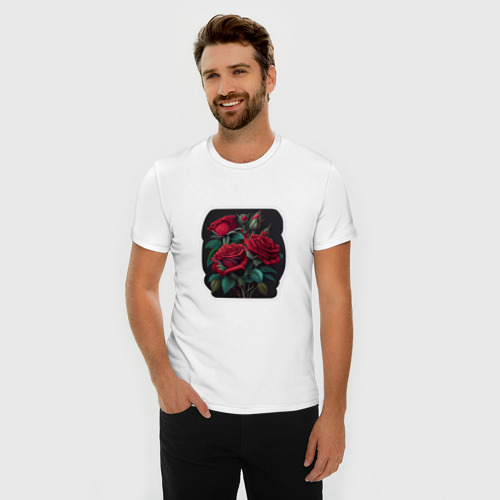 Мужская футболка хлопок Slim с принтом Букет и красные розы, фото на моделе #1