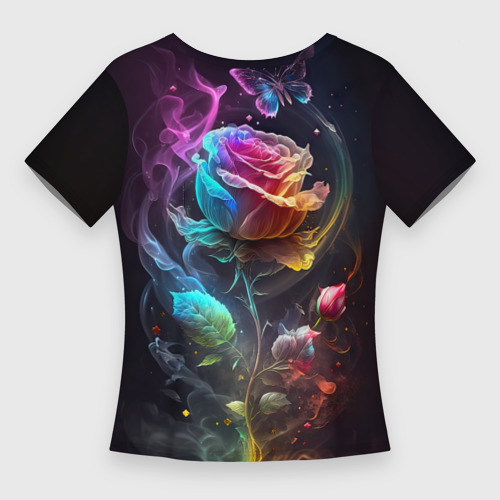 Женская футболка 3D Slim Неоновая бабочка над Большой розой, цвет 3D печать - фото 2