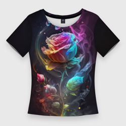 Женская футболка 3D Slim Неоновая бабочка над Большой розой