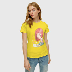 Женская футболка хлопок Мечтательная девочка с ноутбуком рисунок  - фото 2