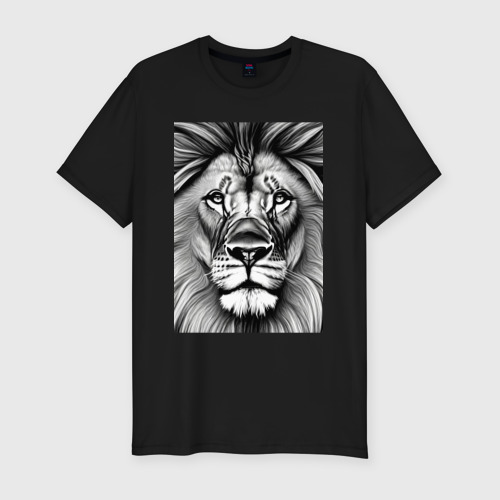Мужская футболка хлопок Slim Голова льва в черно-белом стиле, цвет черный