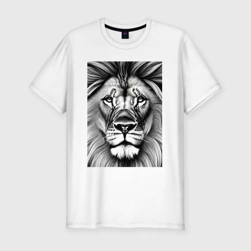 Мужская футболка приталенная из хлопка с принтом Голова льва в черно-белом стиле, вид спереди №1