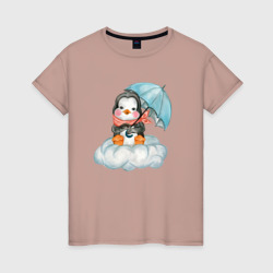 Пингвин на облаке с зонтом – Женская футболка хлопок с принтом купить со скидкой в -20%