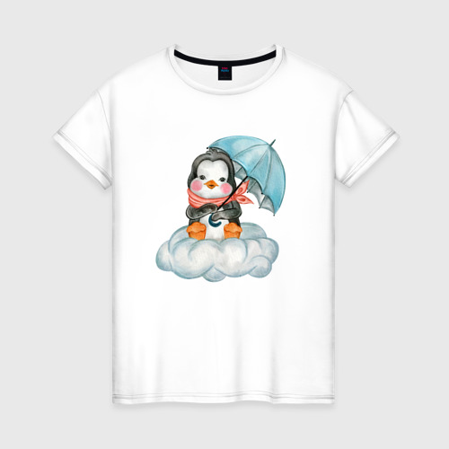 Женская футболка хлопок Пингвин на облаке с зонтом, цвет белый