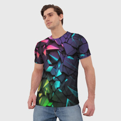 Мужская футболка 3D Неоновые абстрактные каменные плиты - фото 2