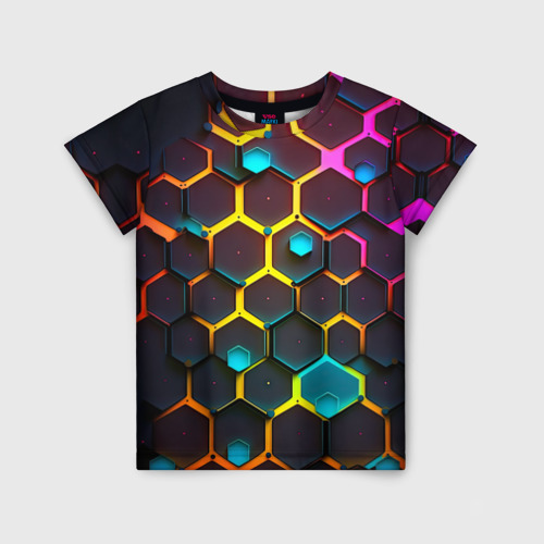 Детская футболка 3D с принтом Неоновые абстрактные соты, вид спереди #2