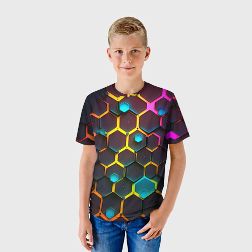 Детская футболка 3D с принтом Неоновые абстрактные соты, фото на моделе #1