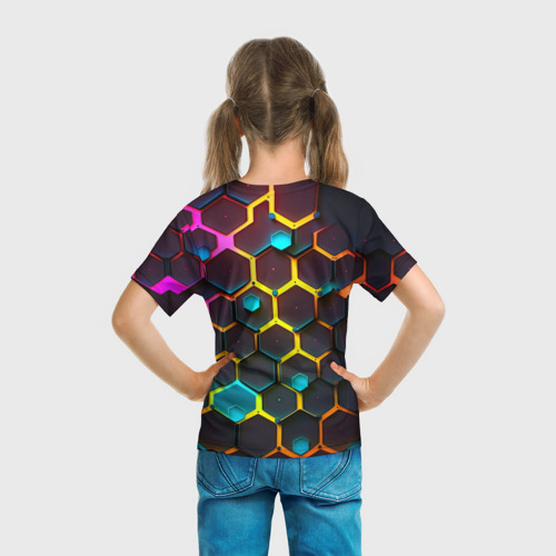 Детская футболка 3D с принтом Неоновые абстрактные соты, вид сзади #2