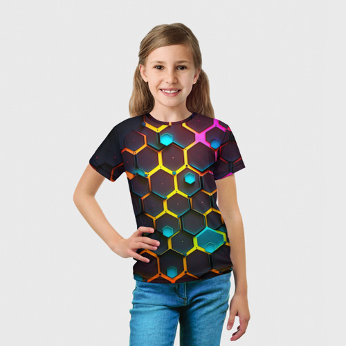 Детская футболка 3D с принтом Неоновые абстрактные соты, вид сбоку #3