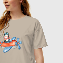 Женская футболка хлопок Oversize Пингвин летит на вертолете - фото 2