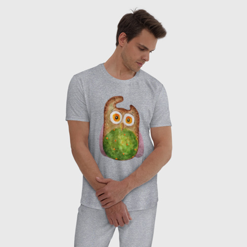 Мужская пижама хлопок Сова с зеленым брюшком, цвет меланж - фото 3