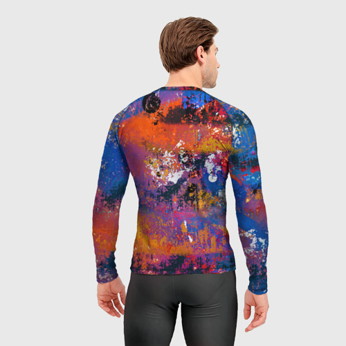 Мужской рашгард 3D с принтом Абстрактная живопись из синих, оранжевых и чёрных красок, вид сзади #2