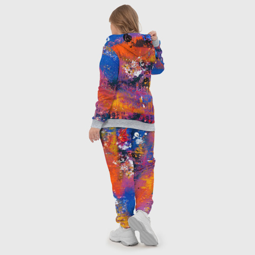 Женский костюм 3D с принтом Абстрактная живопись из синих, оранжевых и чёрных красок, вид сзади #2