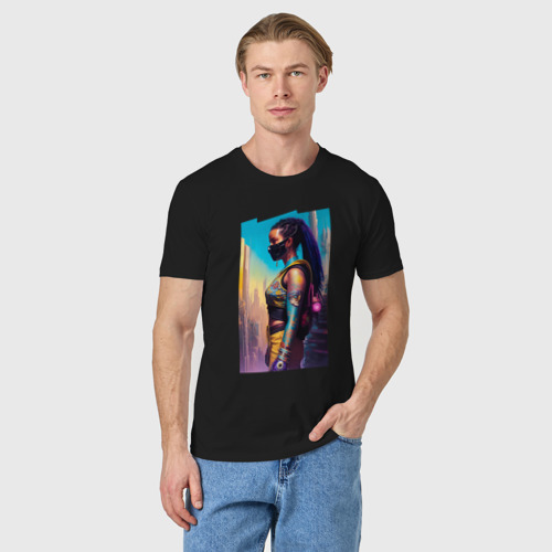 Мужская футболка хлопок с принтом Cyberpunk - girl - neural network, фото на моделе #1