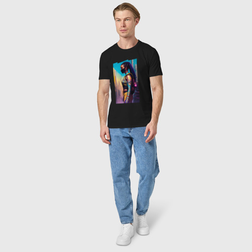 Мужская футболка хлопок с принтом Cyberpunk - girl - neural network, вид сбоку #3