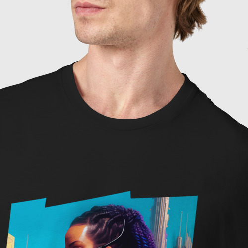 Мужская футболка хлопок с принтом Cyberpunk - girl - neural network, фото #4