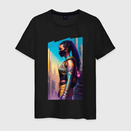 Мужская футболка хлопок с принтом Cyberpunk - girl - neural network, вид спереди #2
