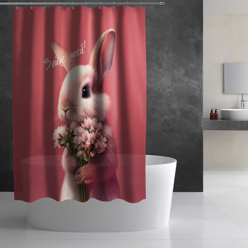 Штора 3D для ванной Розовый заяц с цветами - фото 2