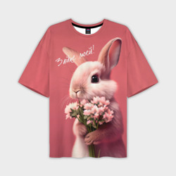 Мужская футболка oversize 3D Розовый заяц с цветами