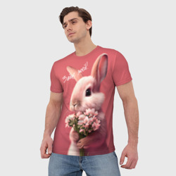 Мужская футболка 3D Розовый заяц с цветами - фото 2