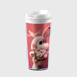 Термокружка-непроливайка Розовый заяц с цветами