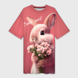 Платье-футболка 3D Розовый заяц с цветами