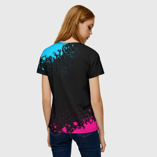 Женская футболка 3D с принтом Сварщик за работой - неоновый градиент, вид сзади #2