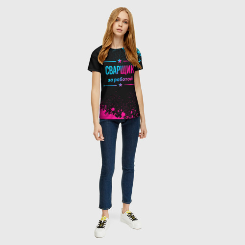 Женская футболка 3D с принтом Сварщик за работой - неоновый градиент, вид сбоку #3