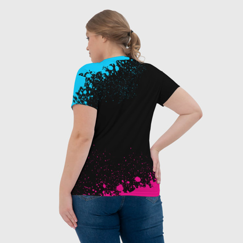 Женская футболка 3D с принтом Сварщик за работой - неоновый градиент, вид сзади #2