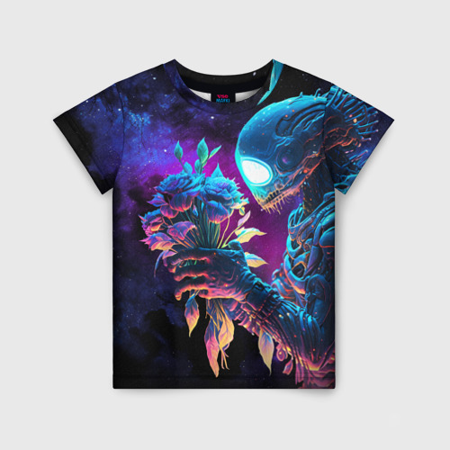 Детская футболка 3D с принтом Инопланетянин с неоновыми цветами, вид спереди #2